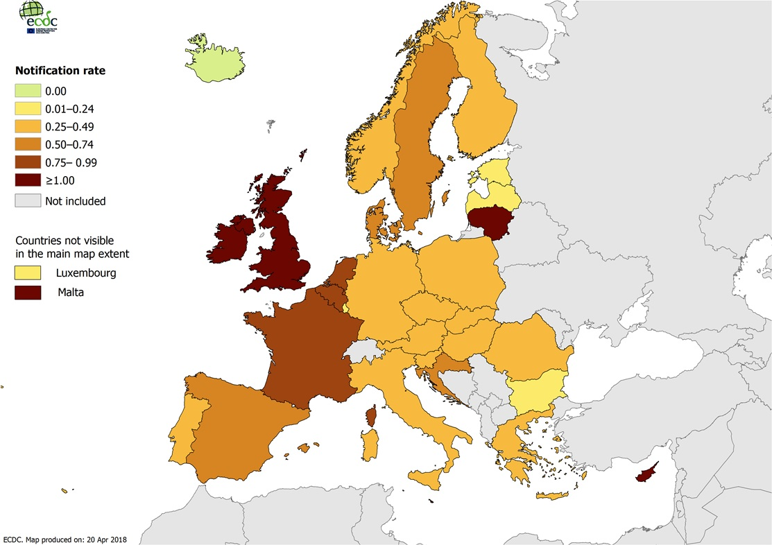 Number of confirmed cases of invasive meningococcal disease per 100 000 population by country, EU/EEA, 2016