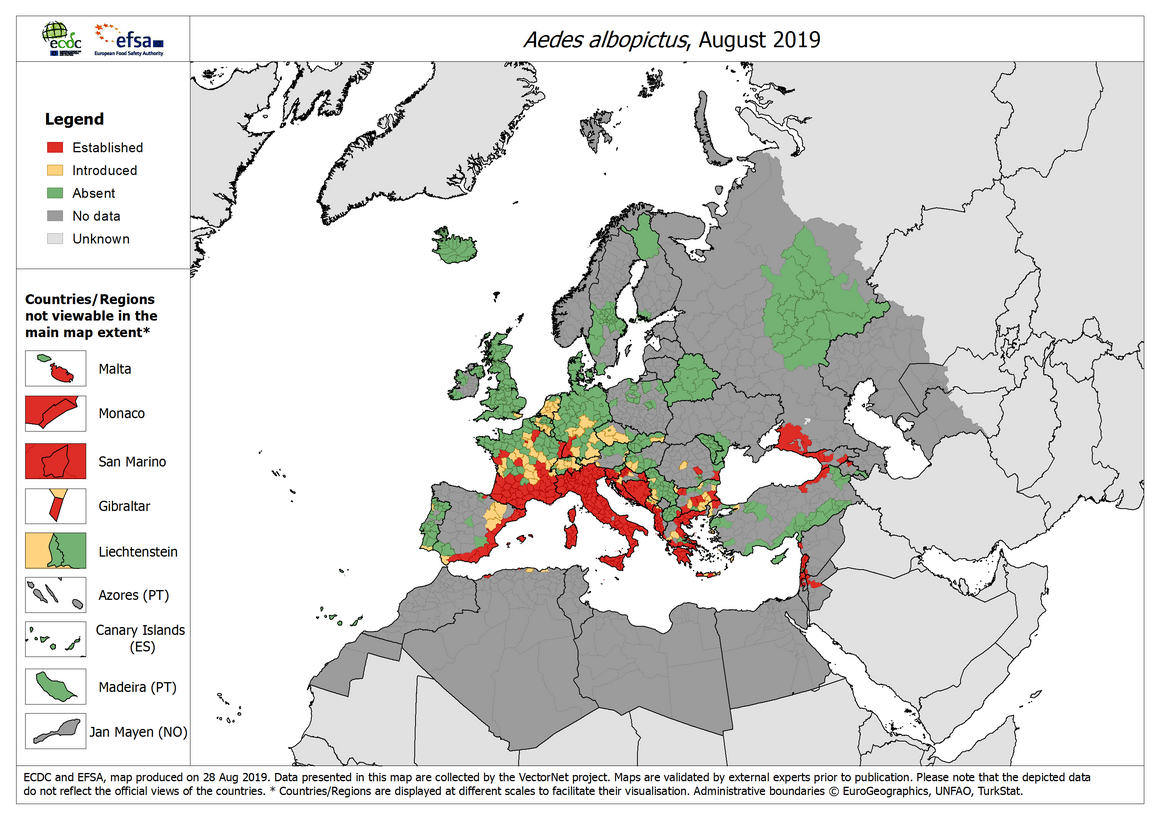 Aedes albopictus - current known distribution: August 2019