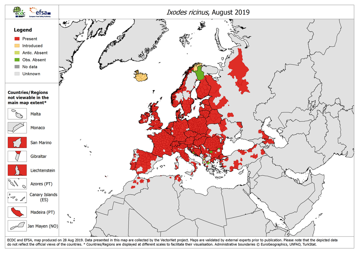 Map, Ixodes ricinus - current known distribution: July 2019