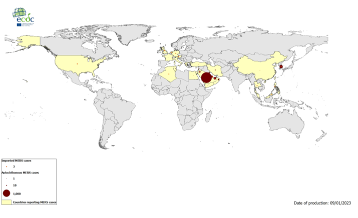Geographical distribution of confirmed cases of MERS-CoV by reporting country, April 2012 – 9 January 2023