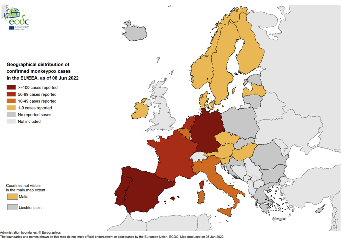 Geographical distribution of confirmed cases of MPX in EU/EEA countries, as of 8 June 2022