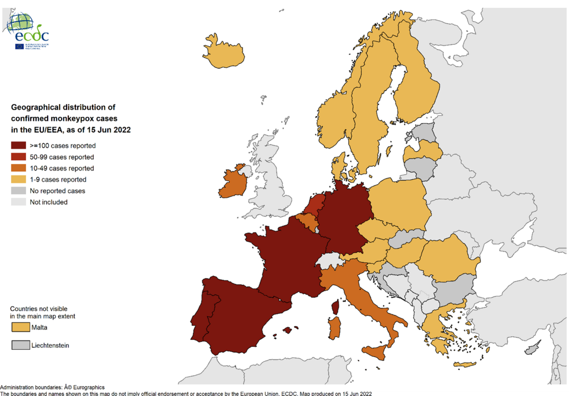 Figure 1. Geographical distribution of confirmed cases of MPX in EU/EEA countries, as of 15 June 2022