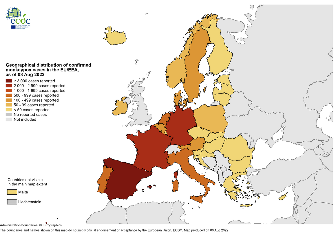 Geographical distribution of confirmed monkeypox cases in the EU/EEA since the start of the outbreak and as of 8 August 2022