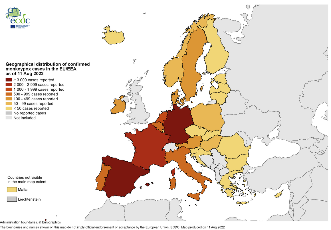 Geographical distribution of confirmed monkeypox cases in the EU/EEA since the start of the outbreak, and as of 11 August 2022