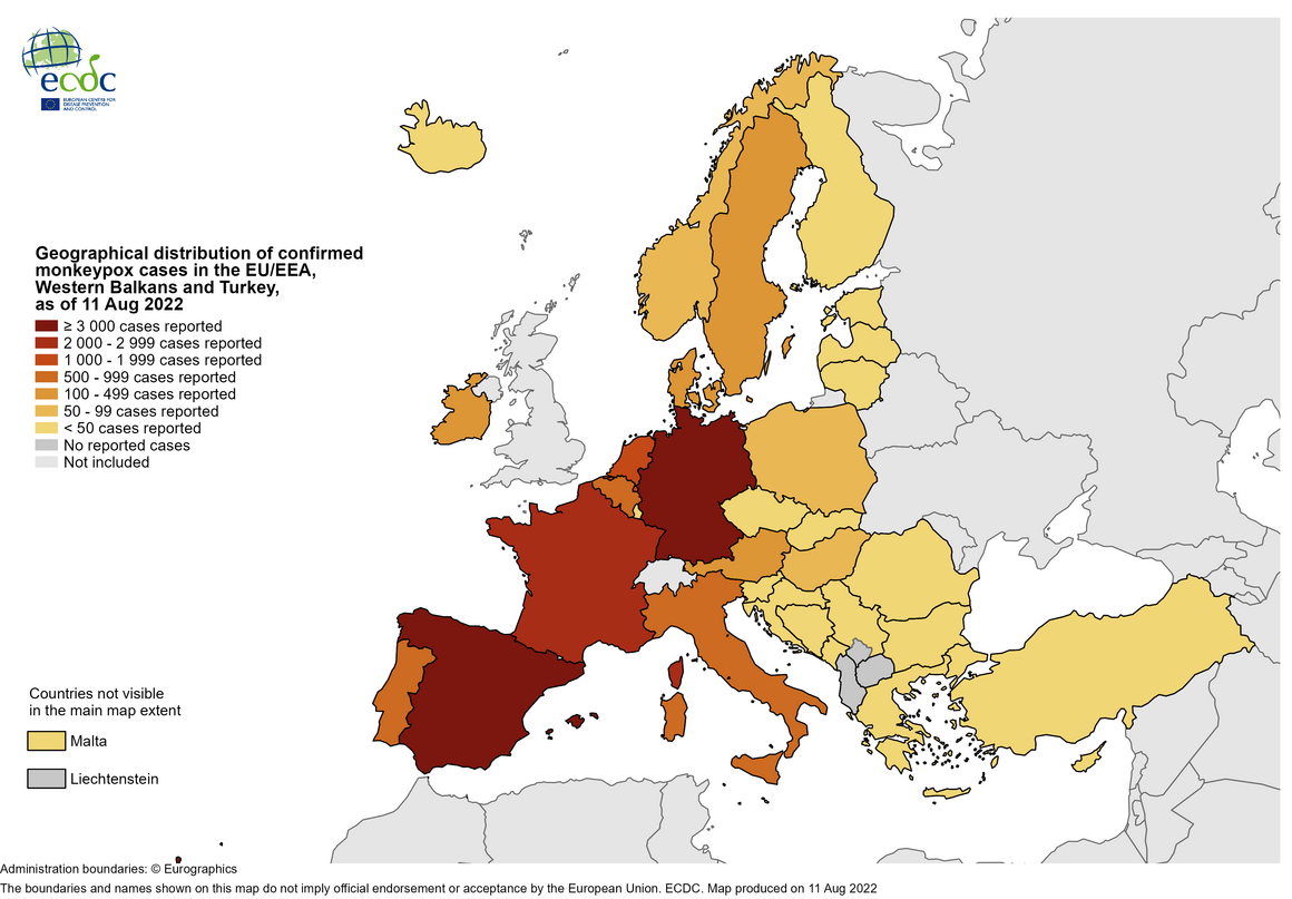 Geographical distribution of confirmed monkeypox cases in the EU/EEA, the Western Balkans and Turkey, since the start of the outbreak and as of 11 August 2022