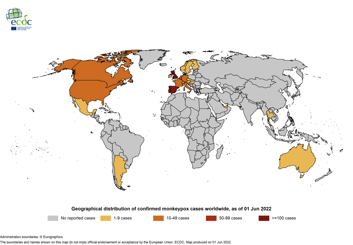 Geographical distribution of confirmed cases confirmed cases of MPX worldwide, as of 31 May 2022 
