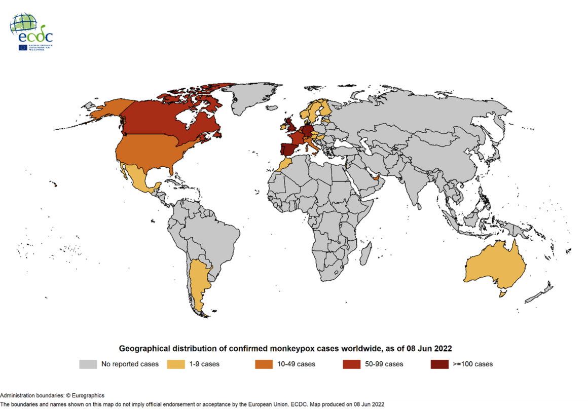 Geographical distribution of confirmed cases confirmed cases of MPX worldwide, as of 8 June 2022