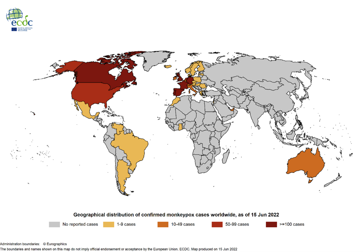 Figure 2. Geographical distribution of confirmed cases confirmed cases of MPX worldwide, as of 15 June 2022 