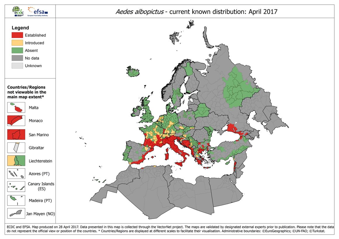 Map of Aedes albopictus distribution in Europe, as of April 2017