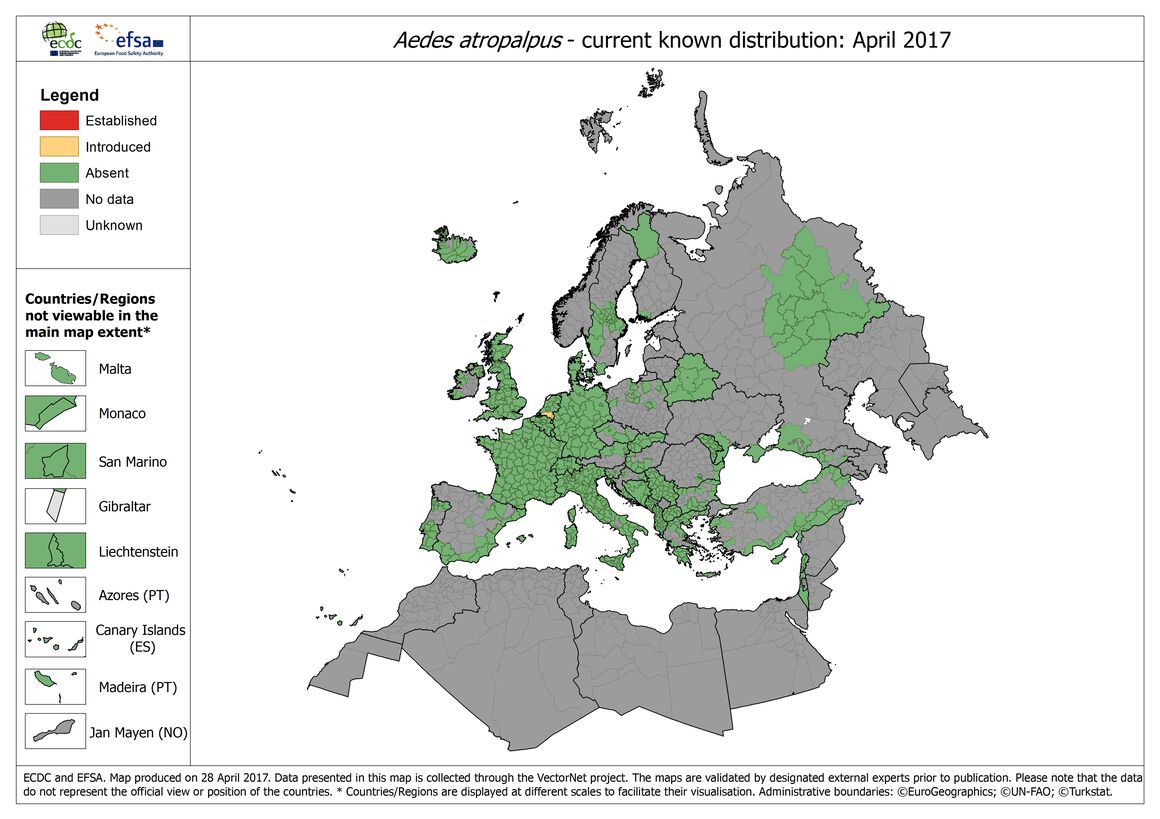Map of Aedes atropalpus distribution in Europe, as of April 2017