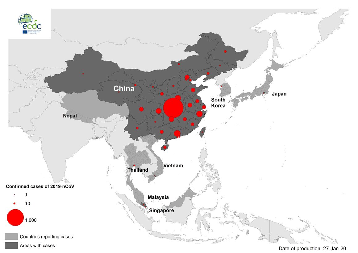 Geographical distribution of 2019-nCov cases in Asia