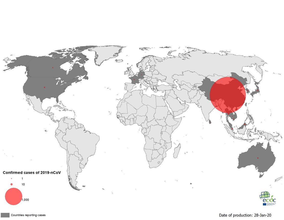 Distribution of confirmed cases of 2019-nCoV by country and region