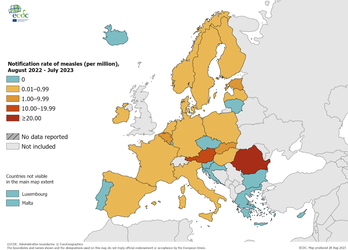 Notification rate of measles (per million), August 2022 - July 2023