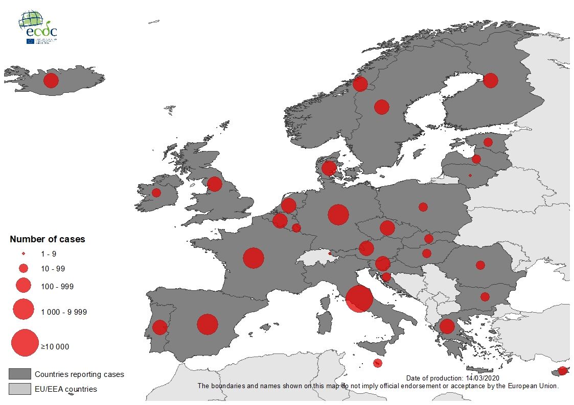 Geographic distribution of COVID-19 in the EU/EEA and the UK, as of 14 March 2020