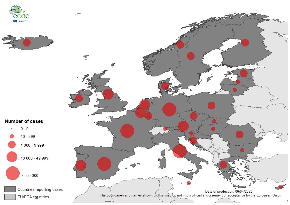 Geographic distribution of COVID-19 in the EU/EEA and the UK, as of 6 April 2020