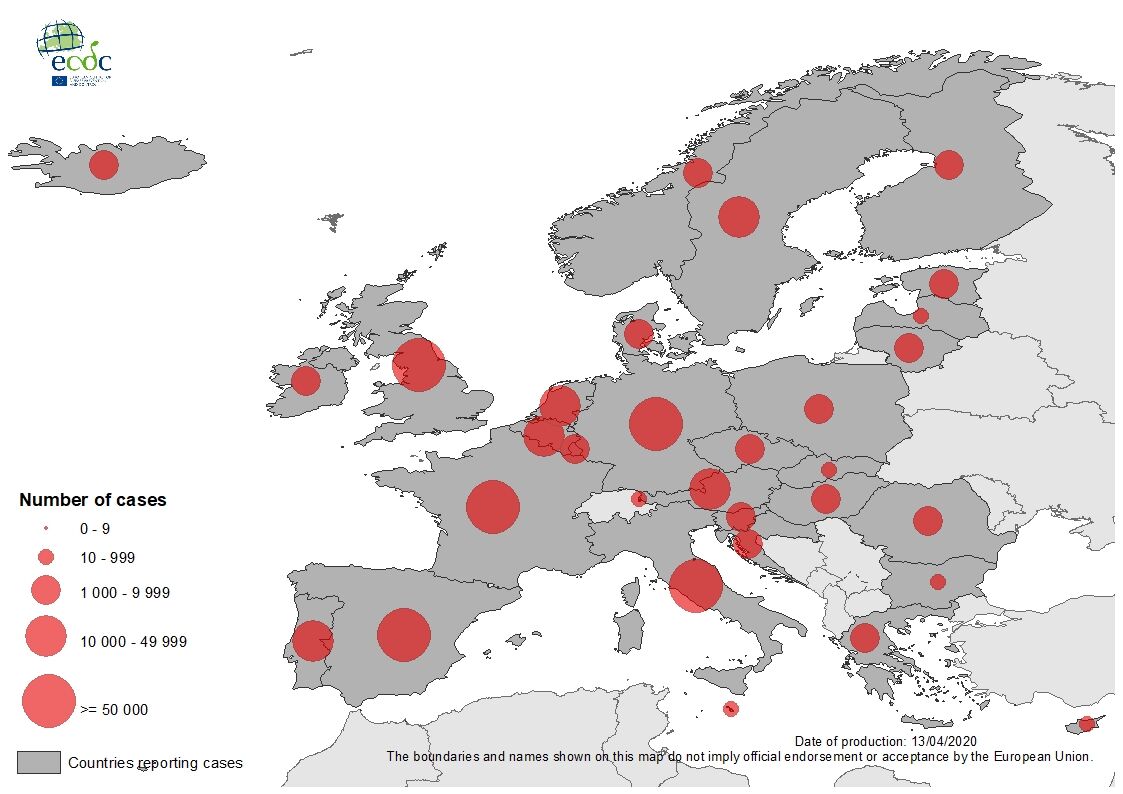 Geographic distribution of COVID-19 in the EU/EEA and the UK, as of 13 April 2020