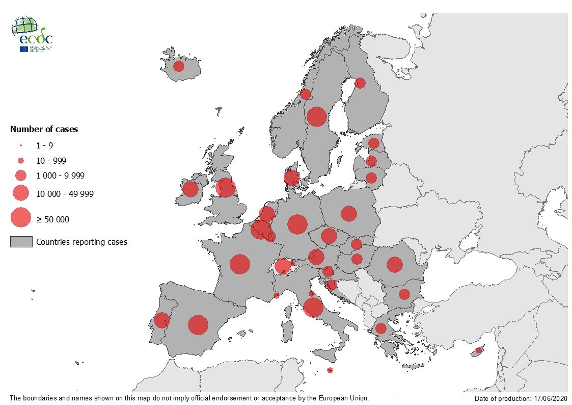 Geographic distribution of COVID-19 in the EU/EEA and the UK, as of 17 June 2020