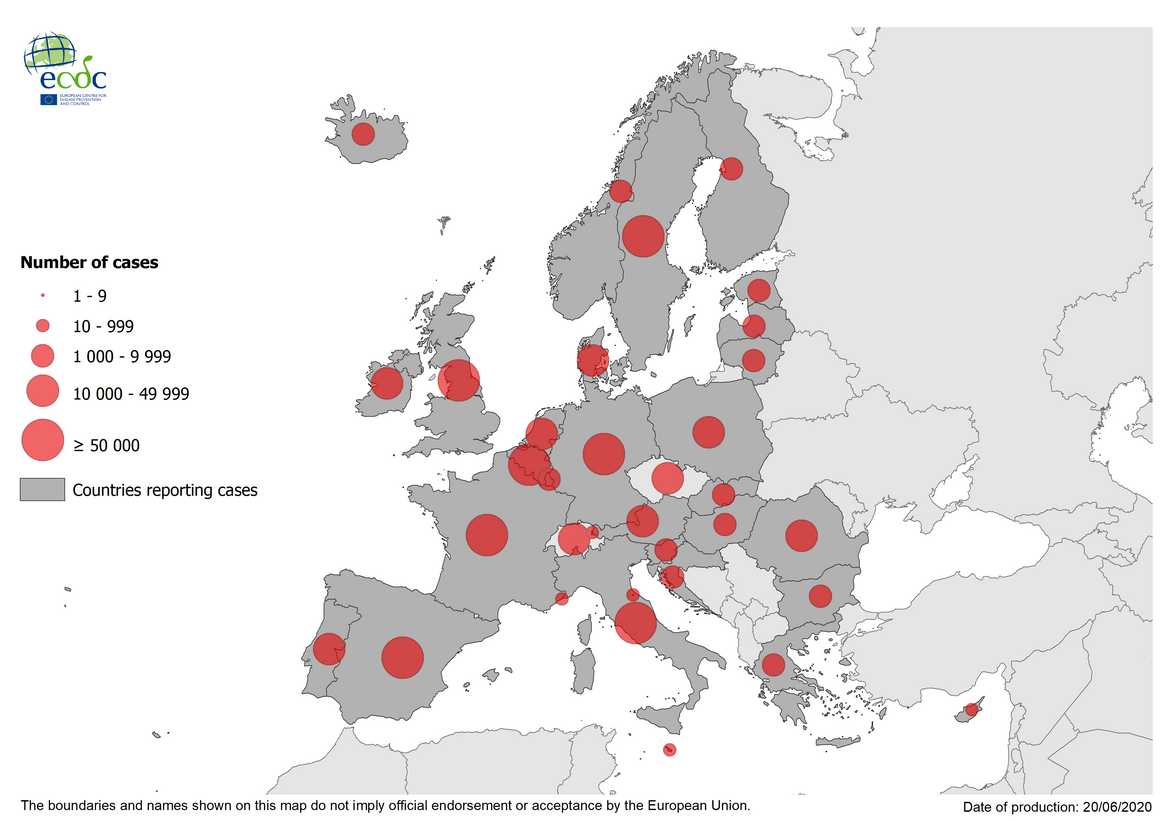 Geographic distribution of COVID-19 in the EU/EEA and the UK, as of 20 June 2020Geographic distribution of COVID-19 in the EU/EEA and the UK, as of 20 June 2020
