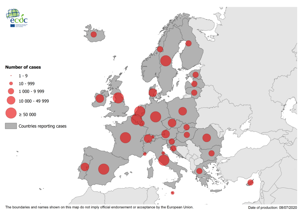 Geographic distribution of COVID-19 in the EU/EEA and the UK, as of 8 July 2020