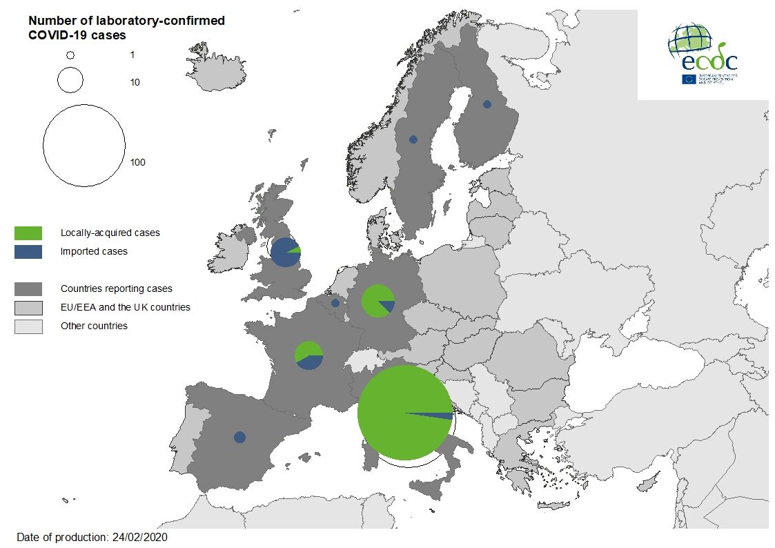 Geographic distribution of COVID-19 in the EU/EEA and the UK, as of 24 February 2020
