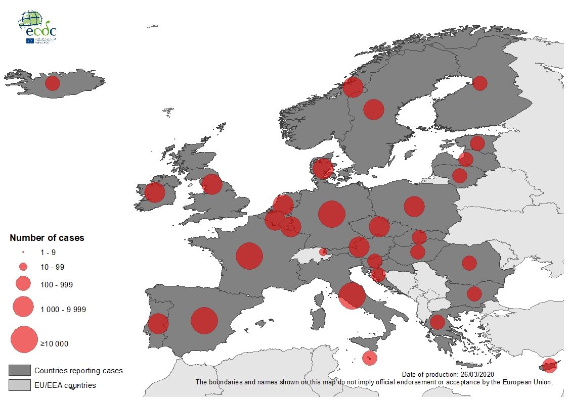 Geographic distribution of COVID-19 in the EU/EEA and the UK, as of 26 March 2020