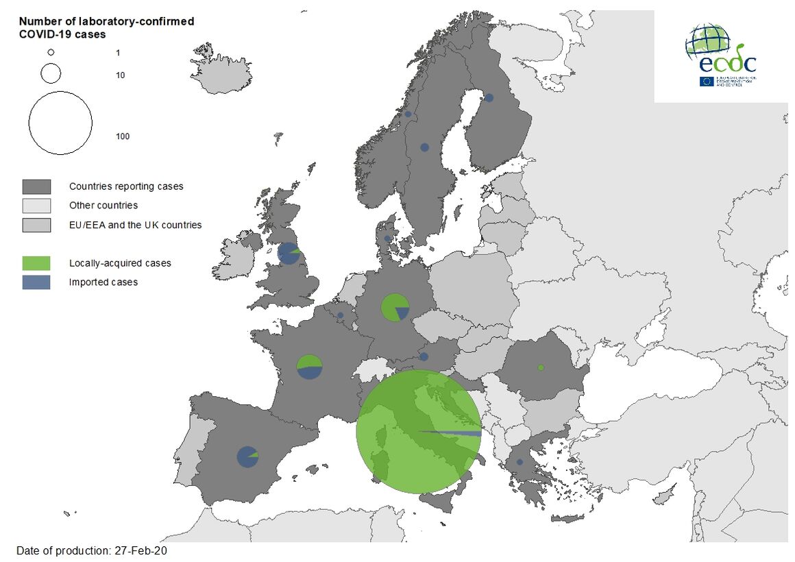 Geographic distribution of COVID-19 in the EU/EEA and the UK, as of 27 February 2020