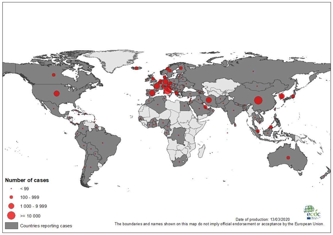Geographic distribution of COVID-19 cases worldwide, as of 13 March 2020