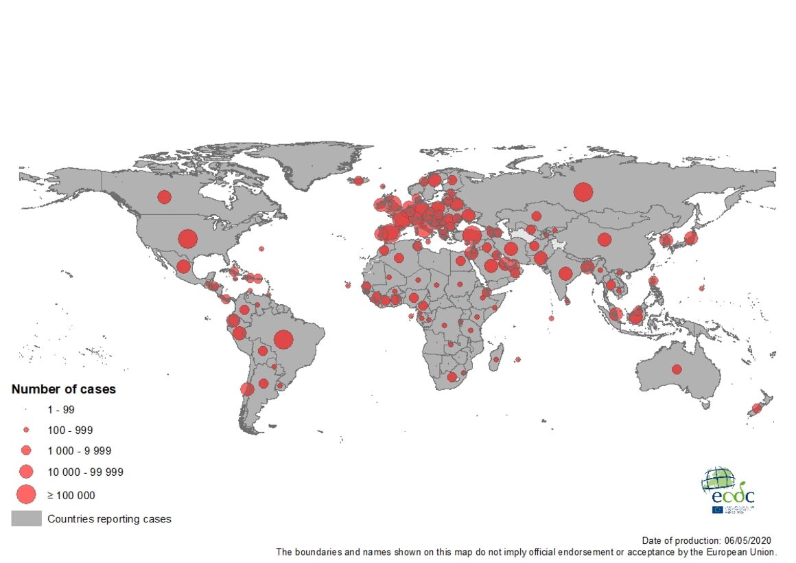 Geographic distribution of COVID-19 cases worldwide, as of 6 May 2020