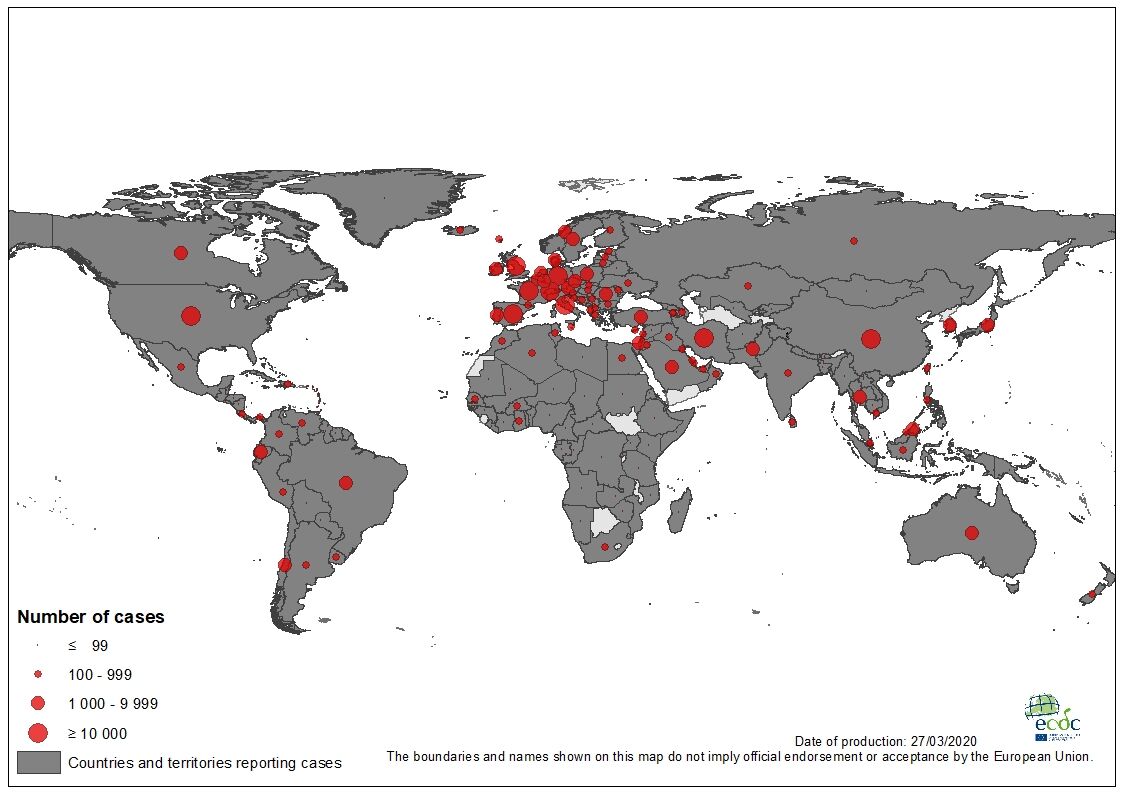 Geographic distribution of COVID-19 cases worldwide, as of 27 March 2020