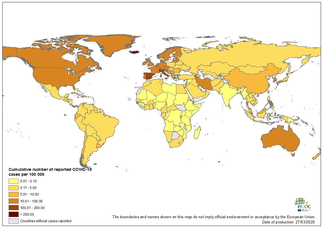 Geographic distribution of cumulative number of reported COVID-19 cases per 100 000 population, worldwide, as of 27 March 2020