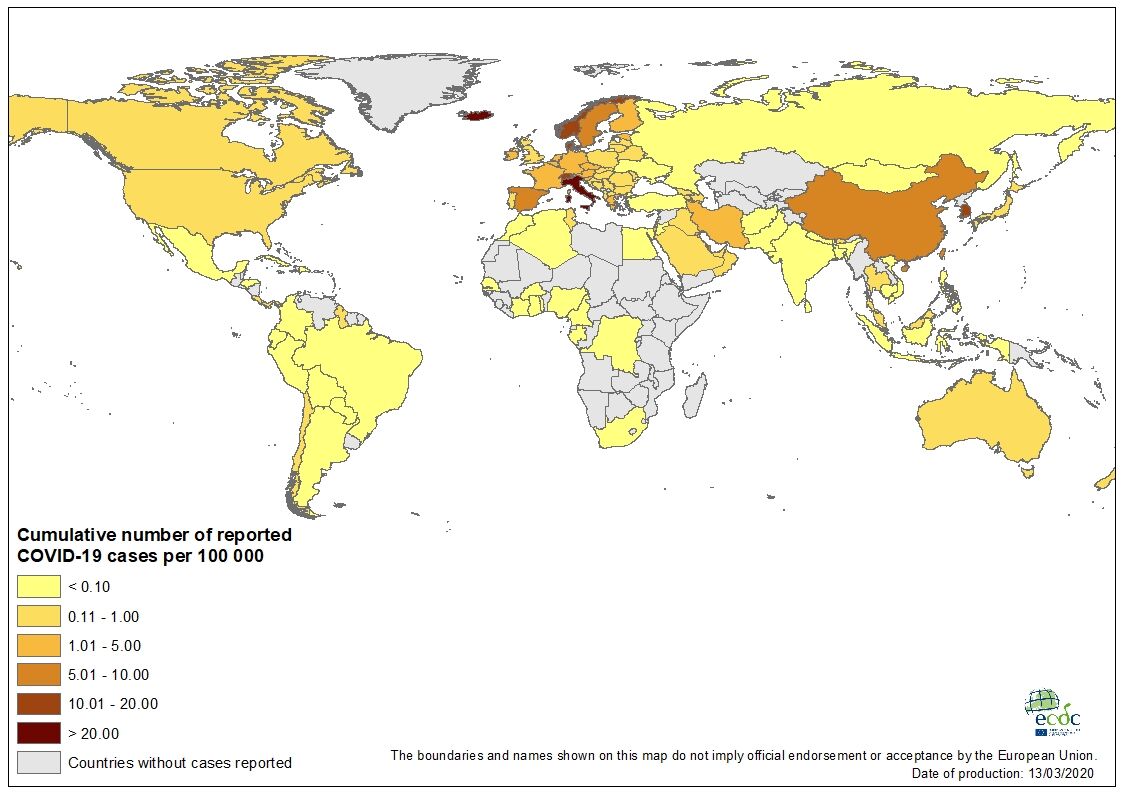 Geographic distribution of cumulative number of reported COVID-19 cases per 100 000 population, worldwide, as of 13 March 2020