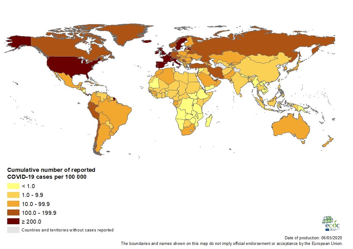 Geographic distribution of cumulative number of reported COVID-19 cases per 100 000 population, worldwide, as of 6 May 2020