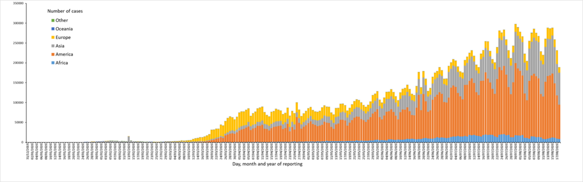 Distribution of COVID-19 cases worldwide, as of 18 August 2020