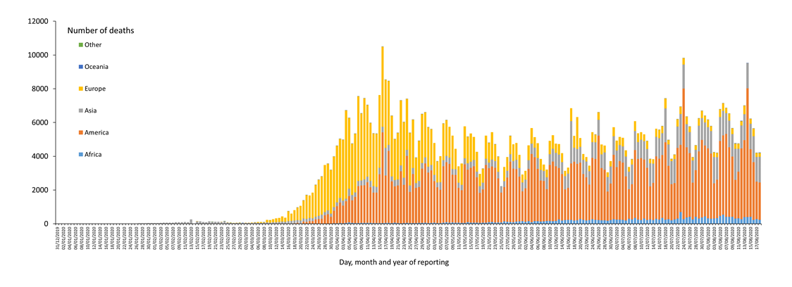 Distribution of COVID-19 deaths, worldwide, as of 18 August 2020