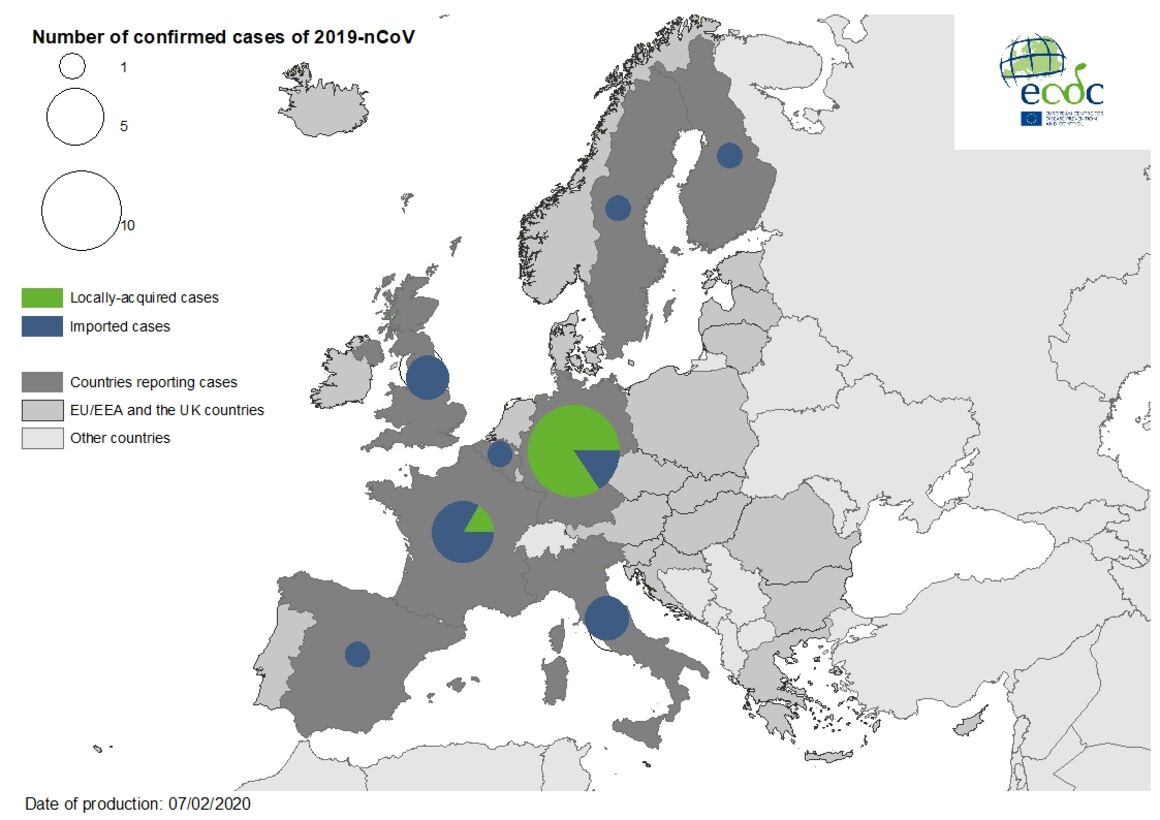 Geographic distribution of 2019-nCov in the EU/EEA and the UK, 7 February