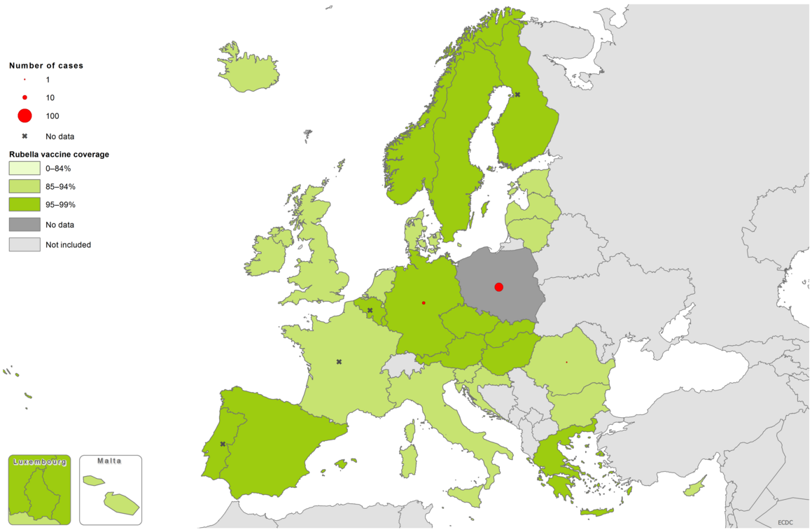 Rubella cases by country and vaccine coverage, 1 September 2016 - 31 August 2017, EU/EEA countries