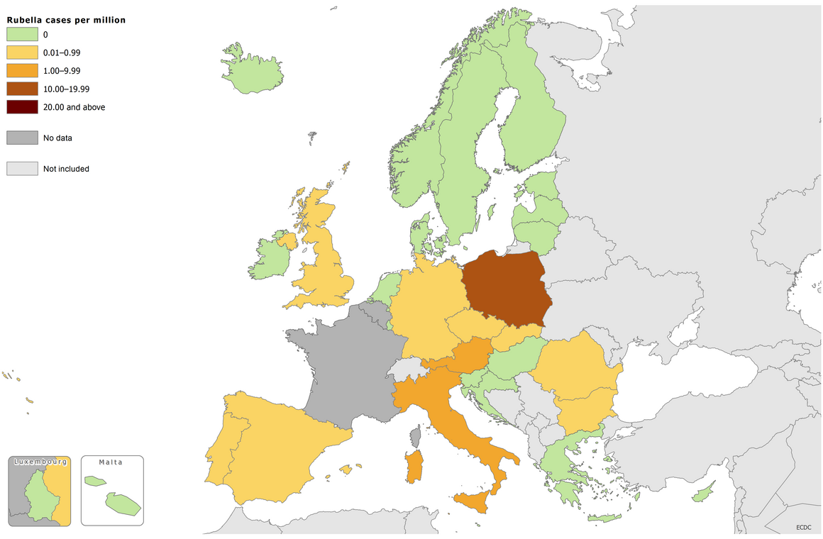 Rubella cases by month and notification rate by country, September 2016 - August 2017
