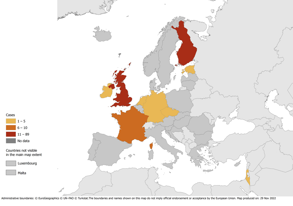 Salmonella Mbandaka cases as of 29 November 2022