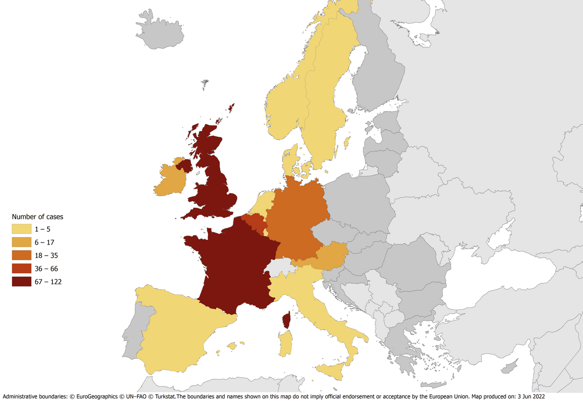 Number of confirmed and probable cases with monophasic S. Typhimurium infection by country, EU/EEA and the UK - 3 June 2022