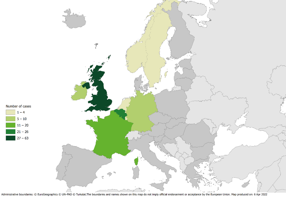 Geographical distribution of confirmed and probable cases of monophasic S. Typhimurium in the EU/EEA and the UK, as of 5 April 2022