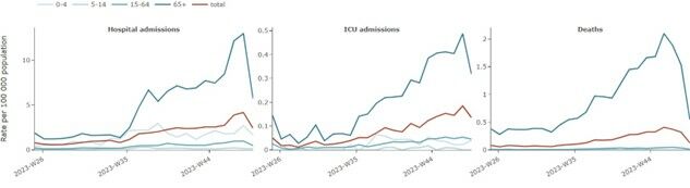 Figure 3. Rate of severe COVID-19 cases, by week, age and clinical outcome (non-sentinel sources), week 25/2023-week 48/2023*