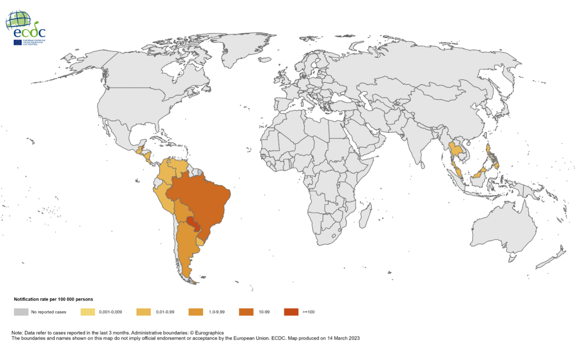 Three-month chikungunya virus disease case notification rate per 100 000 population, January-March 2023