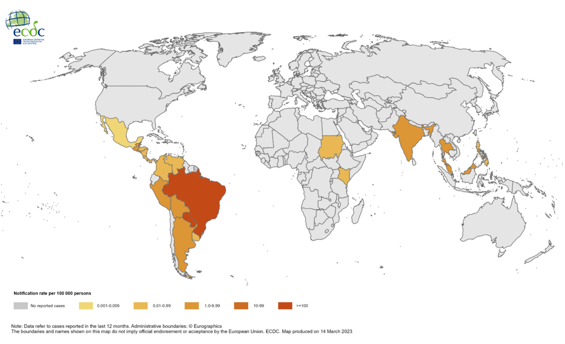 Twelve-month chikungunya virus disease case notification rate per 100 000 population, April 2022 - March 2023