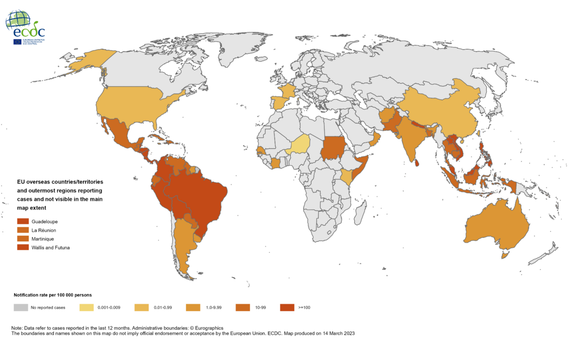 Twelve-month dengue virus disease case notification rate per 100 000 population, April 2022 - March 2023