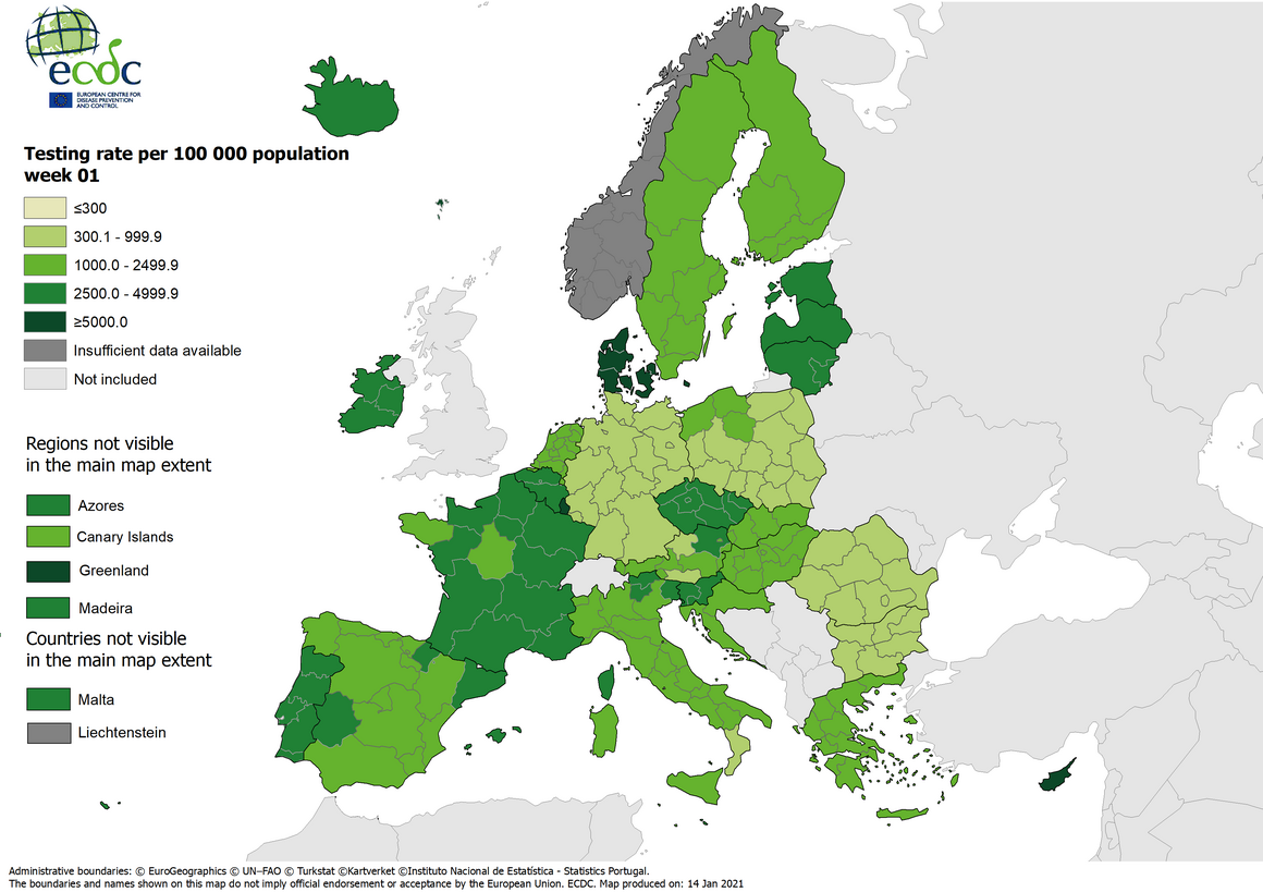 Testing rates per 100 000 inhabitants, updated 14 January 2020