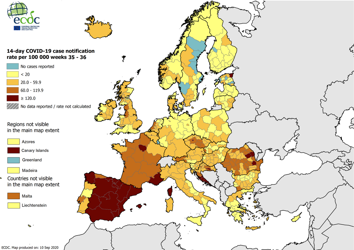 14-day COVID-19 case notification rate per 100 000, weeks 35-36