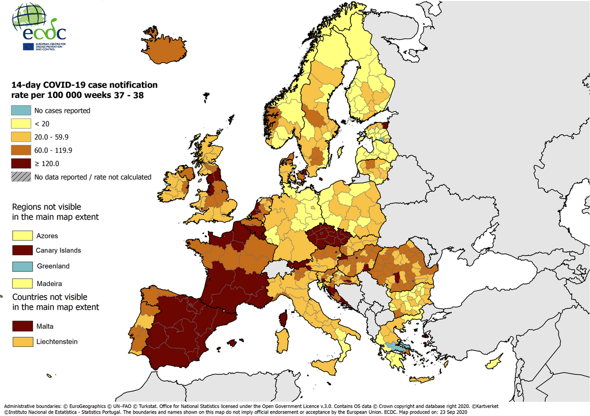 14-day COVID-19 case notification rate per 100 000, weeks 37-38