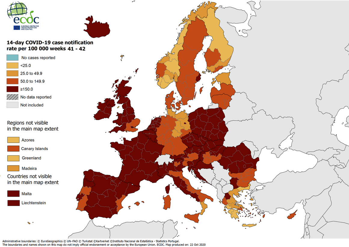 14-day case notification rate per 100 000 inhabitants, updated 22 October 2020