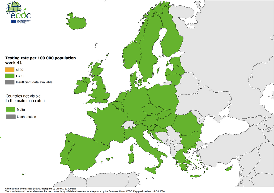 Testing rates per 100 000 inhabitants, updated 15 October 2020