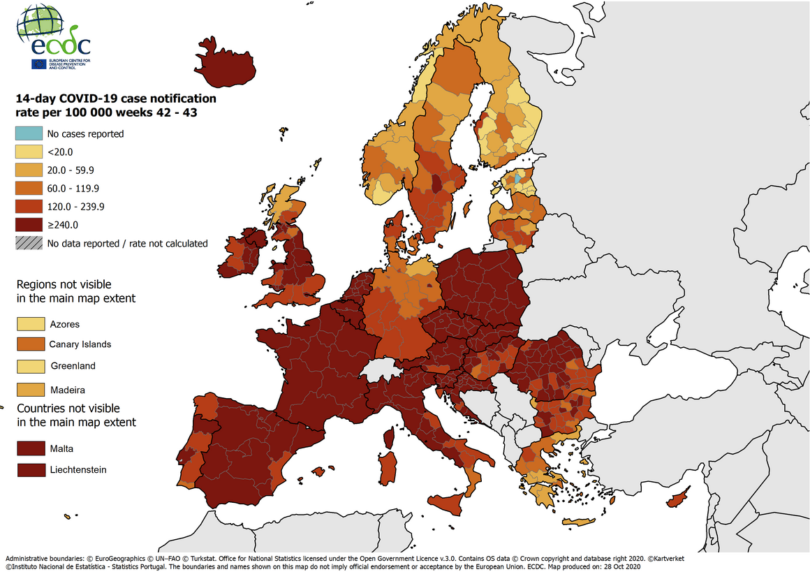 14-day COVID-19 case notification rate per 100 000, weeks 42-43